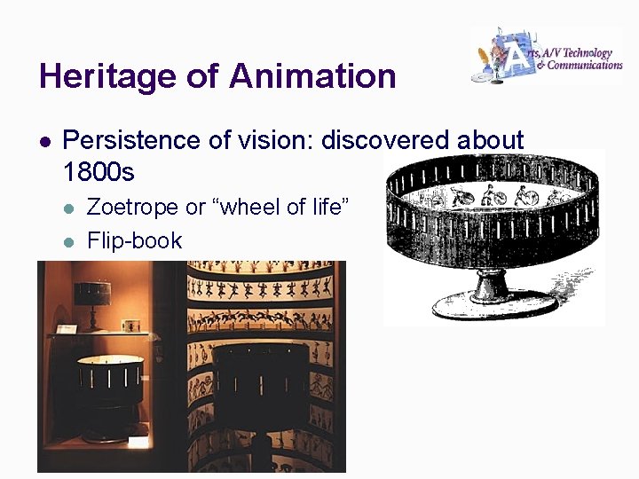 Heritage of Animation l Persistence of vision: discovered about 1800 s l l Zoetrope