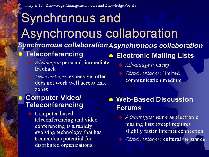 Chapter 13: Knowledge Management Tools and Knowledge Portals Synchronous and Asynchronous collaboration Synchronous collaboration