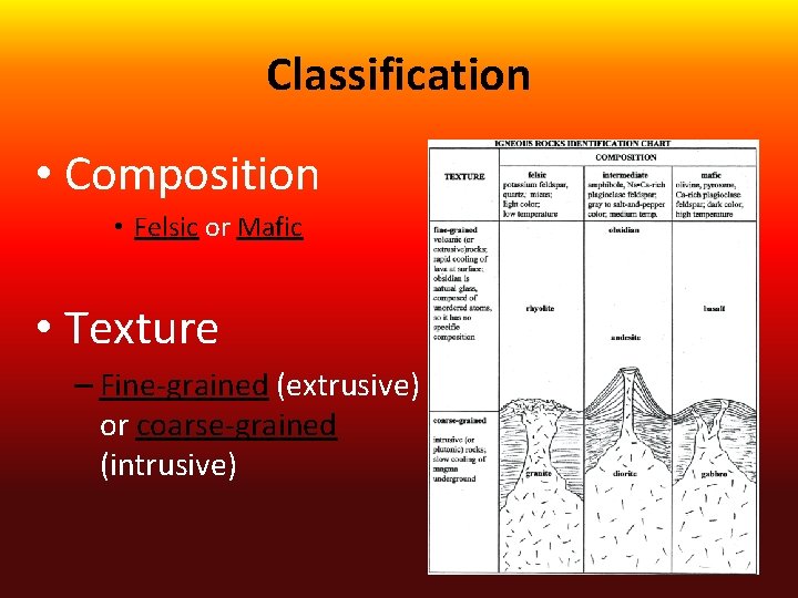 Classification • Composition • Felsic or Mafic • Texture – Fine-grained (extrusive) or coarse-grained