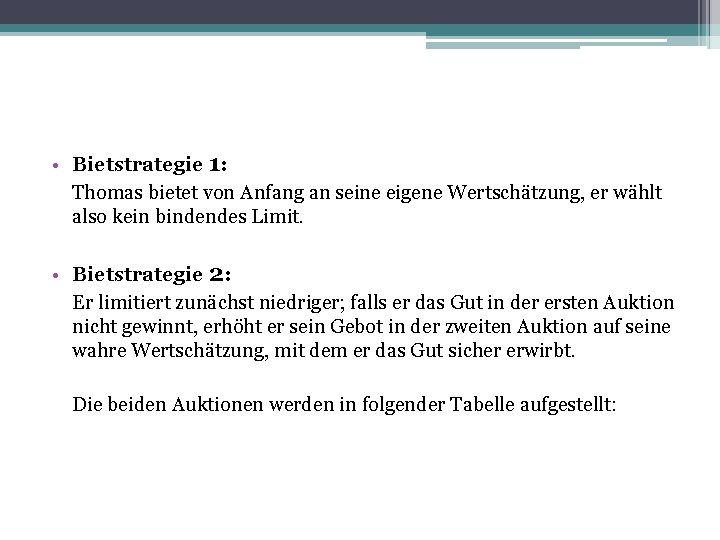  • Bietstrategie 1: Thomas bietet von Anfang an seine eigene Wertschätzung, er wählt