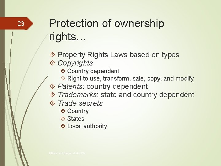 23 Protection of ownership rights… Property Rights Laws based on types Copyrights Country dependent