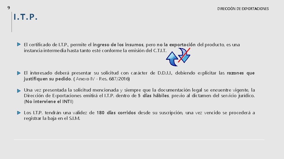 9 I. T. P. DIRECCIÓN DE EXPORTACIONES El certificado de I. T. P. ,
