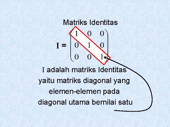 Matriks Identitas I= I adalah matriks Identitas yaitu matriks diagonal yang elemen-elemen pada diagonal