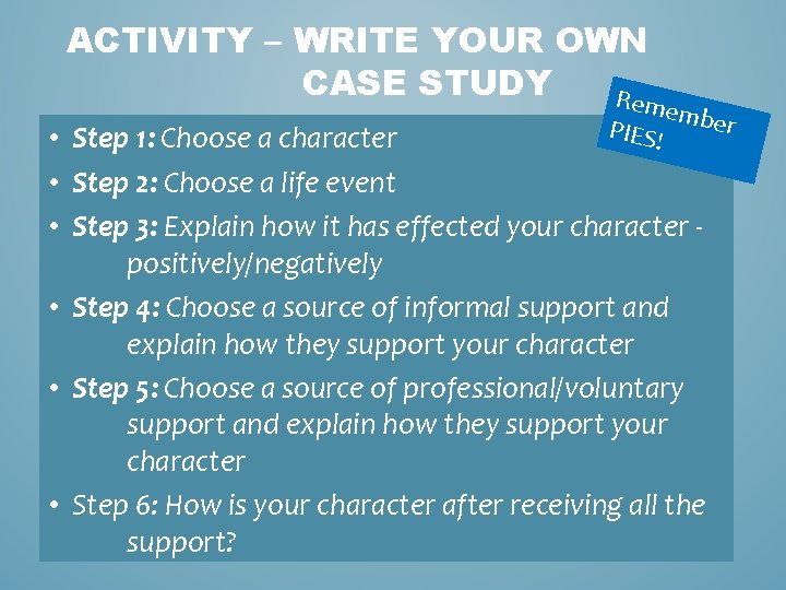 ACTIVITY – WRITE YOUR OWN CASE STUDY Re memb er PIES! • Step 1: ACTIVITY – WRITE YOUR OWN CASE STUDY Re memb er PIES! • Step 1: