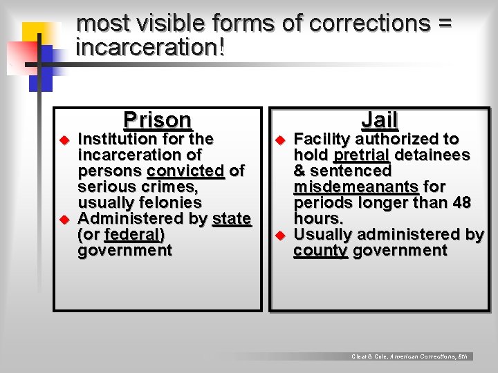 most visible forms of corrections = incarceration! Prison u u Institution for the incarceration