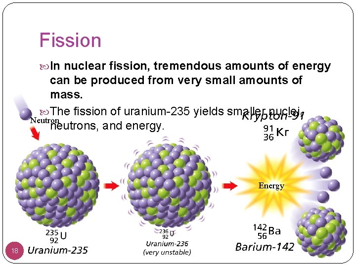 Fission In nuclear fission, tremendous amounts of energy can be produced from very small