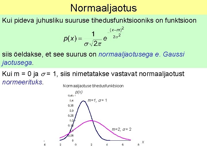 Normaaljaotus Kui pideva juhusliku suuruse tihedusfunktsiooniks on funktsioon siis öeldakse, et see suurus on