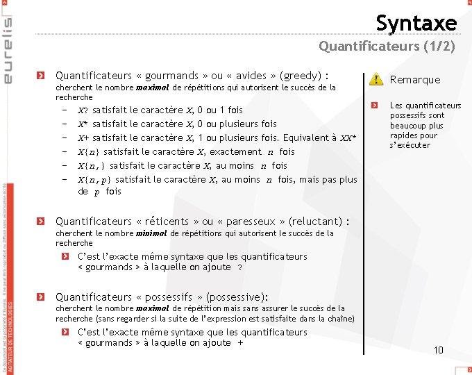 Syntaxe Quantificateurs (1/2) Quantificateurs « gourmands » ou « avides » (greedy) : cherchent