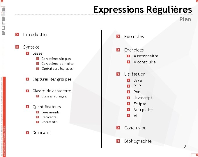 Expressions Régulières Plan Introduction Syntaxe Bases Caractères simples Caractères de limite Opérateurs logiques Exemples