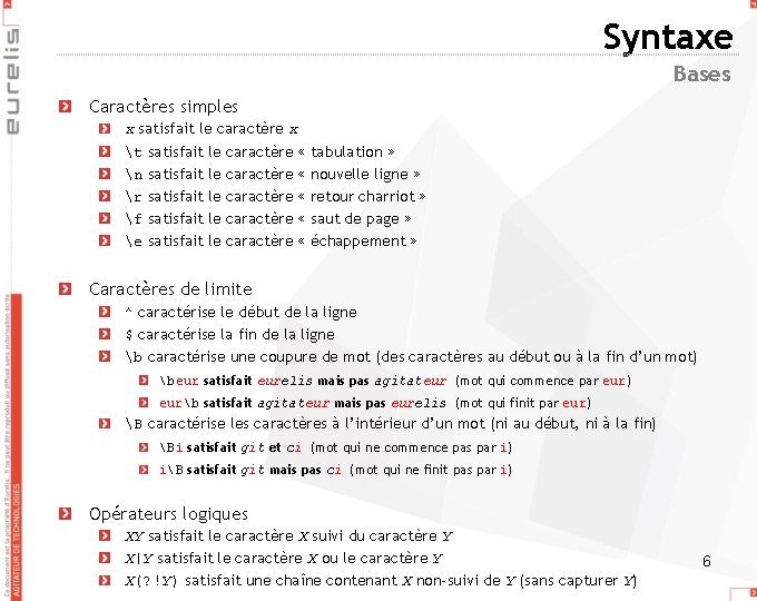 Syntaxe Bases Caractères simples x satisfait le caractère x t satisfait le caractère «