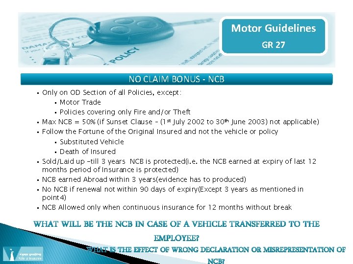 Motor Guidelines GR 27 NO CLAIM BONUS - NCB • Only on OD Section