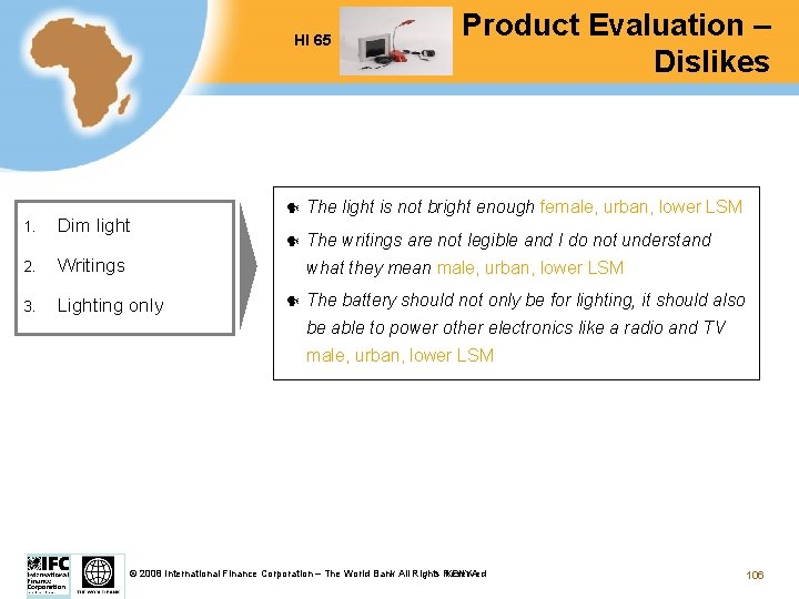 HI 65 1. Dim light 2. Writings 3. Lighting only Test Product Evaluation –