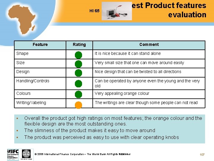 HI 65 Feature Test Product features evaluation Rating Comment Shape It is nice because
