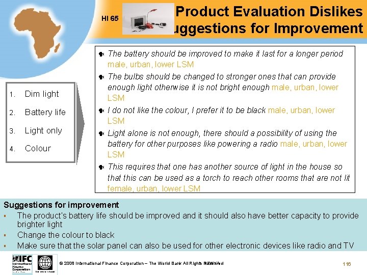 HI 65 1. Dim light 2. Battery life 3. Light only 4. Colour Test