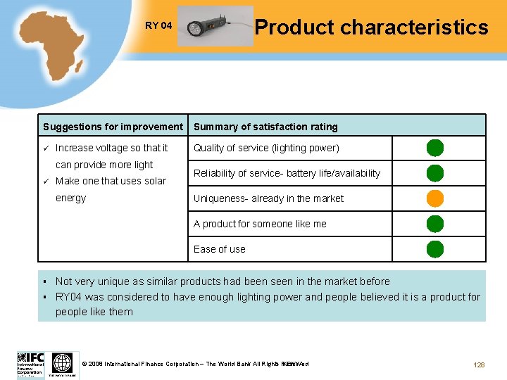 RY 04 Test Product characteristics Suggestions for improvement Summary of satisfaction rating Increase voltage