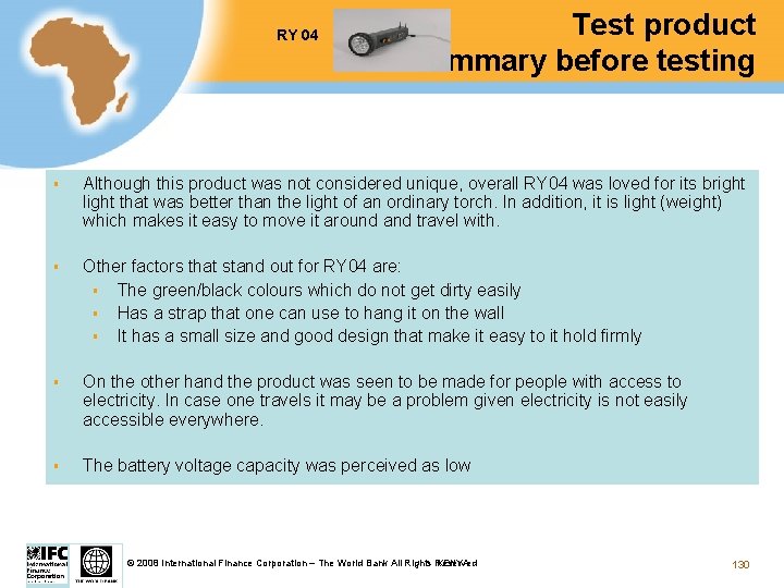 RY 04 Test product summary before testing § Although this product was not considered