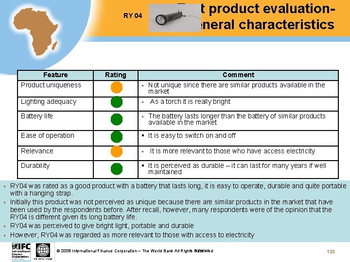 RY 04 Feature Product uniqueness § § Rating § Test product evaluationgeneral characteristics Comment