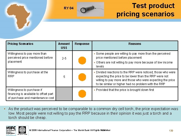 Test product pricing scenarios RY 04 Pricing Scenarios Willingness to pay more than perceived