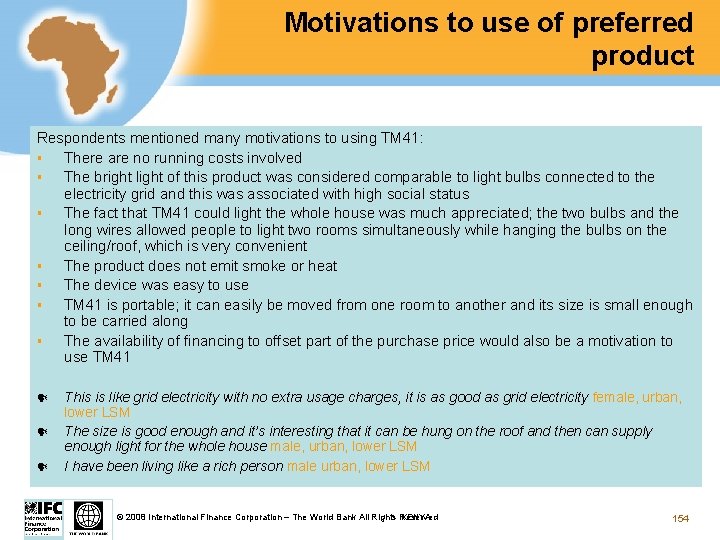 Motivations to use of preferred product Respondents mentioned many motivations to using TM 41: