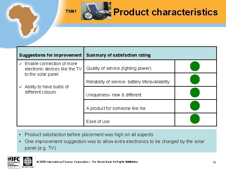 TM 41 Test Product characteristics Suggestions for improvement Summary of satisfaction rating Enable connection