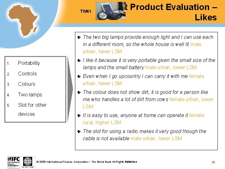 TM 41 1. Portability 2. Controls 3. Colours 4. Two lamps 5. Slot for