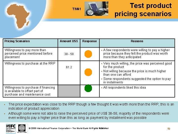 Test product pricing scenarios TM 41 Pricing Scenarios Willingness to pay more than perceived