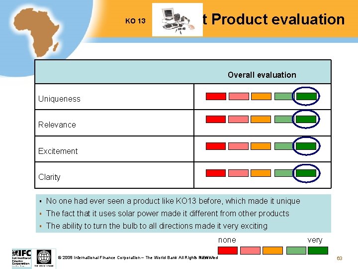 KO 13 Test Product evaluation Overall evaluation Uniqueness Relevance Excitement Clarity § No one