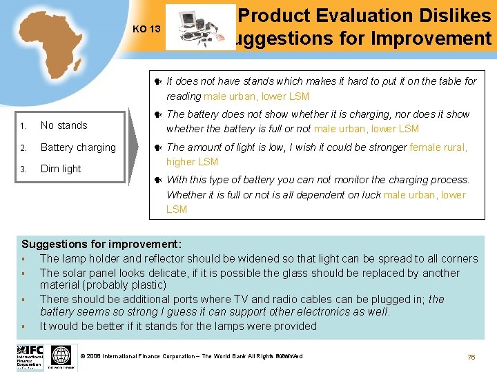 KO 13 1. No stands 2. Battery charging 3. Dim light Test Product Evaluation