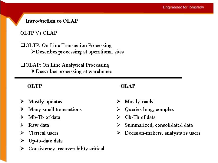 Introduction to OLAP OLTP Vs OLAP q. OLTP: On Line Transaction Processing ØDescribes processing