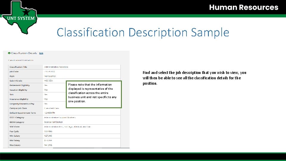 Classification Description Sample Please note that the information displayed is representative of the classification