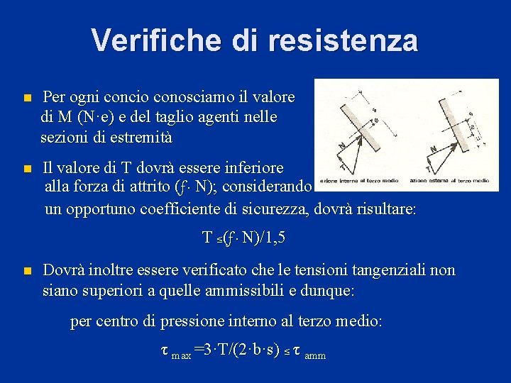 Verifiche di resistenza n Per ogni concio conosciamo il valore di M (N·e) e