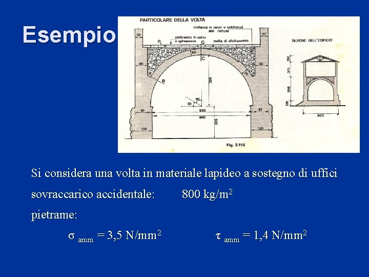 Esempio Si considera una volta in materiale lapideo a sostegno di uffici sovraccarico accidentale: