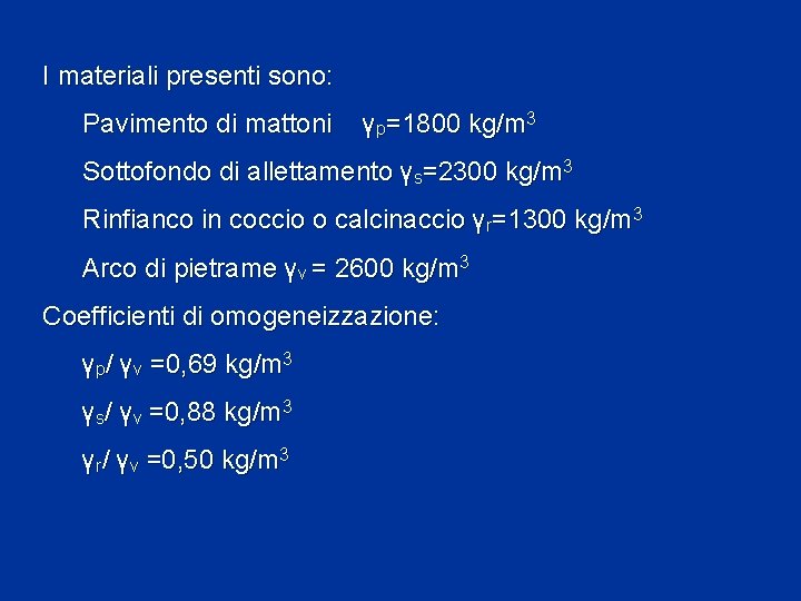 I materiali presenti sono: Pavimento di mattoni γp=1800 kg/m 3 Sottofondo di allettamento γs=2300