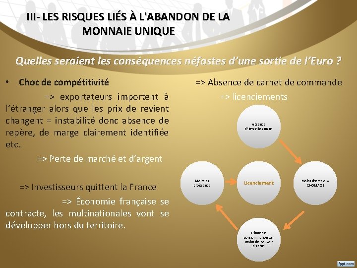 III- LES RISQUES LIÉS À L'ABANDON DE LA MONNAIE UNIQUE Quelles seraient les conséquences