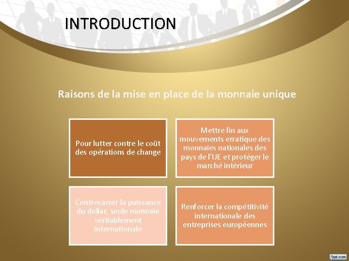 INTRODUCTION Raisons de la mise en place de la monnaie unique Pour lutter contre