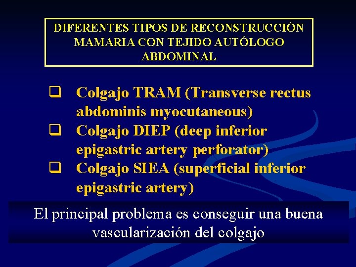 DIFERENTES TIPOS DE RECONSTRUCCIÓN MAMARIA CON TEJIDO AUTÓLOGO ABDOMINAL q Colgajo TRAM (Transverse rectus