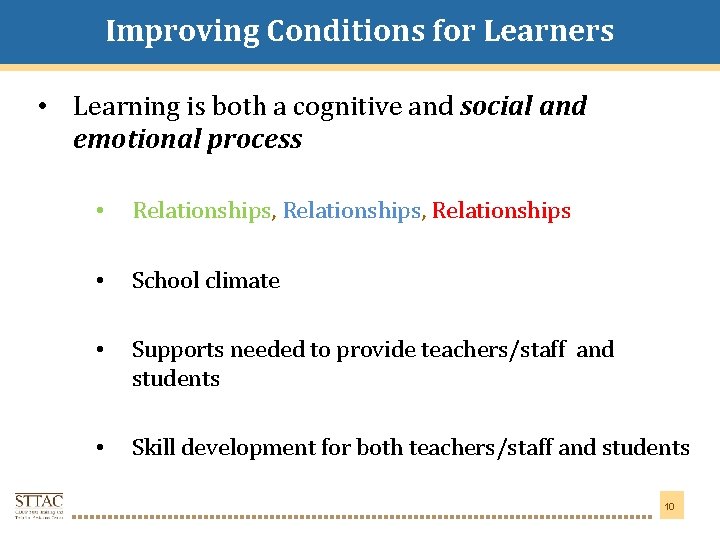 Improving Conditions for Learners Title Goes Here • Learning is both a cognitive and