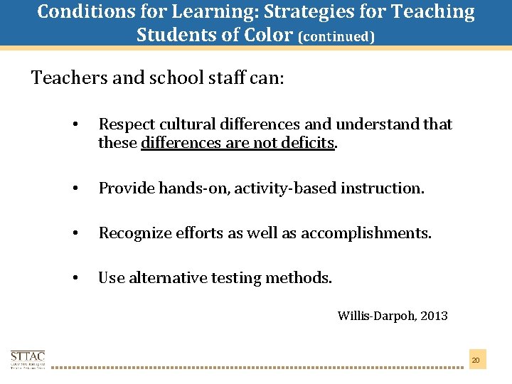 Conditions for Learning: Strategies for Teaching Students of Color (continued) Title Goes Here Teachers