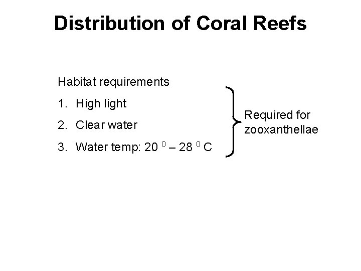 Distribution of Coral Reefs Habitat requirements 1. High light 2. Clear water 3. Water