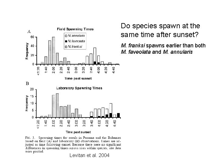 Do species spawn at the same time after sunset? M. franksi spawns earlier than