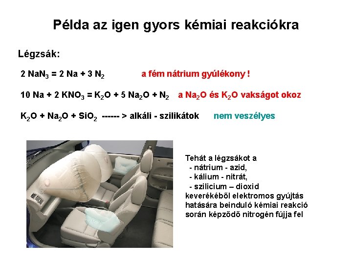 Példa az igen gyors kémiai reakciókra Légzsák: 2 Na. N 3 = 2 Na