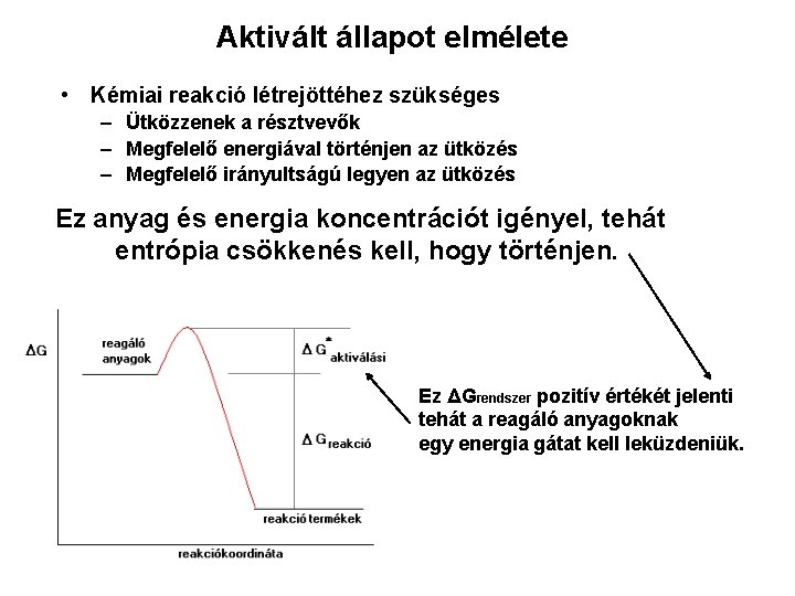 Aktivált állapot elmélete • Kémiai reakció létrejöttéhez szükséges – Ütközzenek a résztvevők – Megfelelő