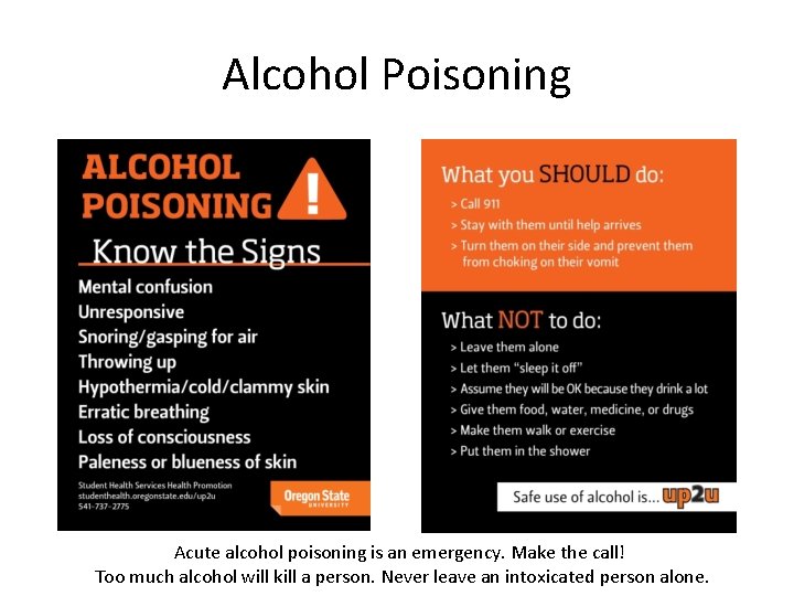 Alcohol Poisoning Acute alcohol poisoning is an emergency. Make the call! Too much alcohol