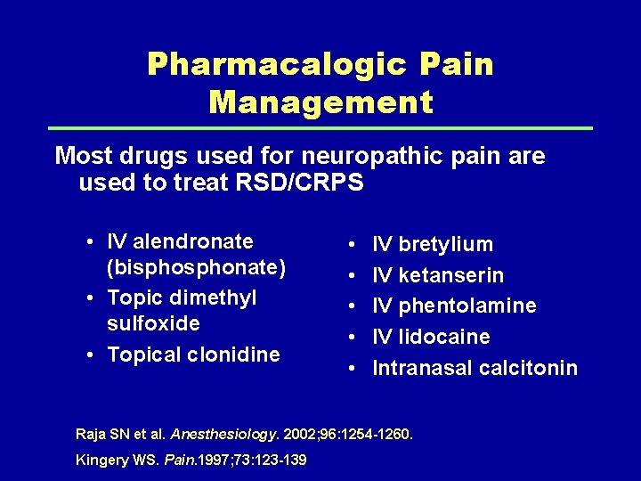 Pharmacalogic Pain Management Most drugs used for neuropathic pain are used to treat RSD/CRPS