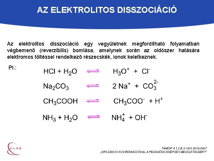 AZ ELEKTROLITOS DISSZOCIÁCIÓ Az elektrolitos disszociáció egy vegyületnek megfordítható folyamatban végbemenő (reverzibilis) bomlása, amelynek