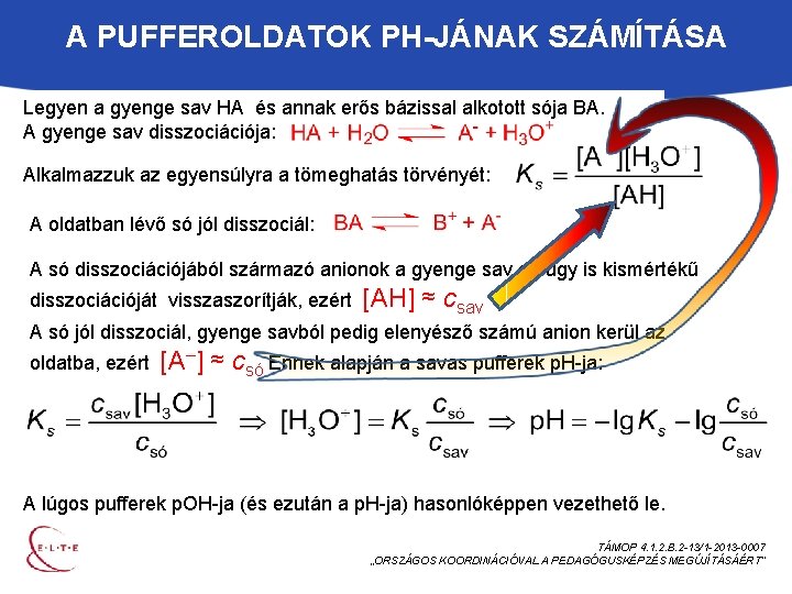 A PUFFEROLDATOK PH-JÁNAK SZÁMÍTÁSA Legyen a gyenge sav HA és annak erős bázissal alkotott