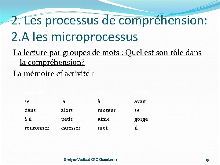 2. Les processus de compréhension: 2. A les microprocessus La lecture par groupes de 2. Les processus de compréhension: 2. A les microprocessus La lecture par groupes de