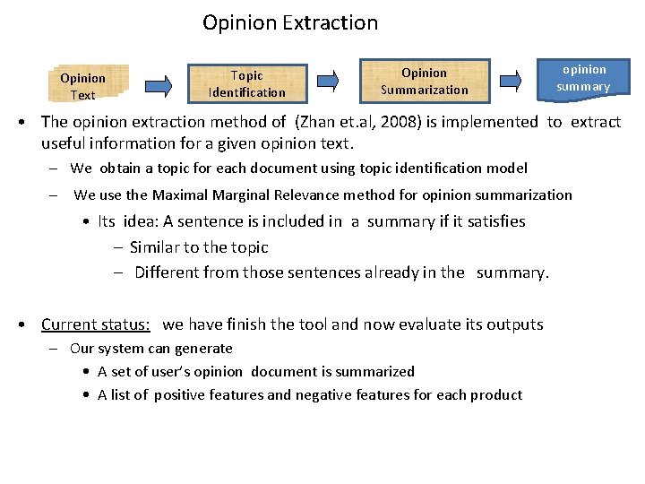 Opinion Extraction Opinion Text Topic Identification Opinion Summarization opinion summary • The opinion extraction