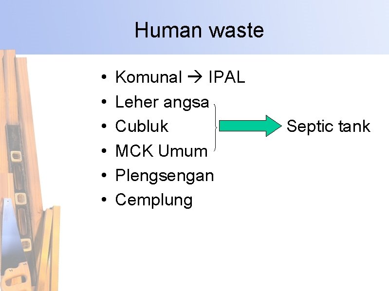 Human waste • • • Komunal IPAL Leher angsa Cubluk MCK Umum Plengsengan Cemplung