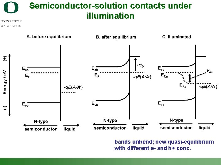 Semiconductor-solution contacts under illumination bands unbend; new quasi-equilibrium with different e- and h+ conc.